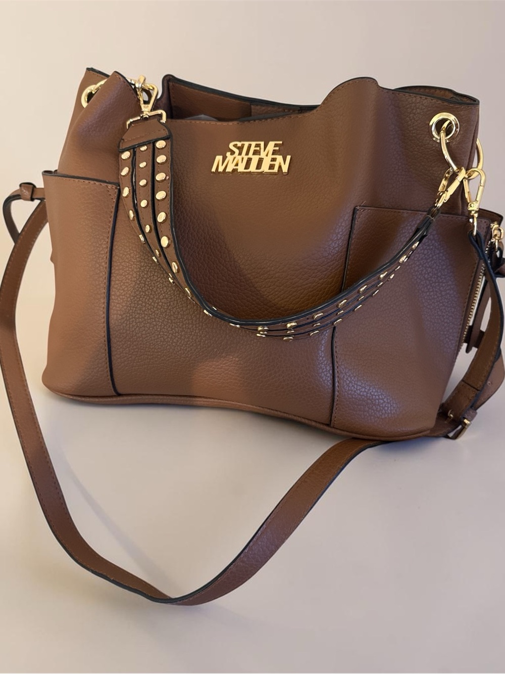 Steve Madden Cognac Pebbled Leather Shoulder Tote with Studded Strap